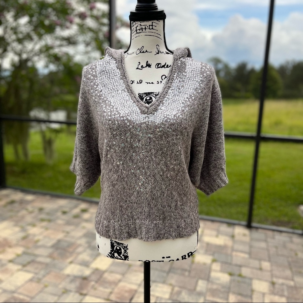 Jennifer Lopez Sequin Knit Hoodie Sweater with Batwing Sleeve